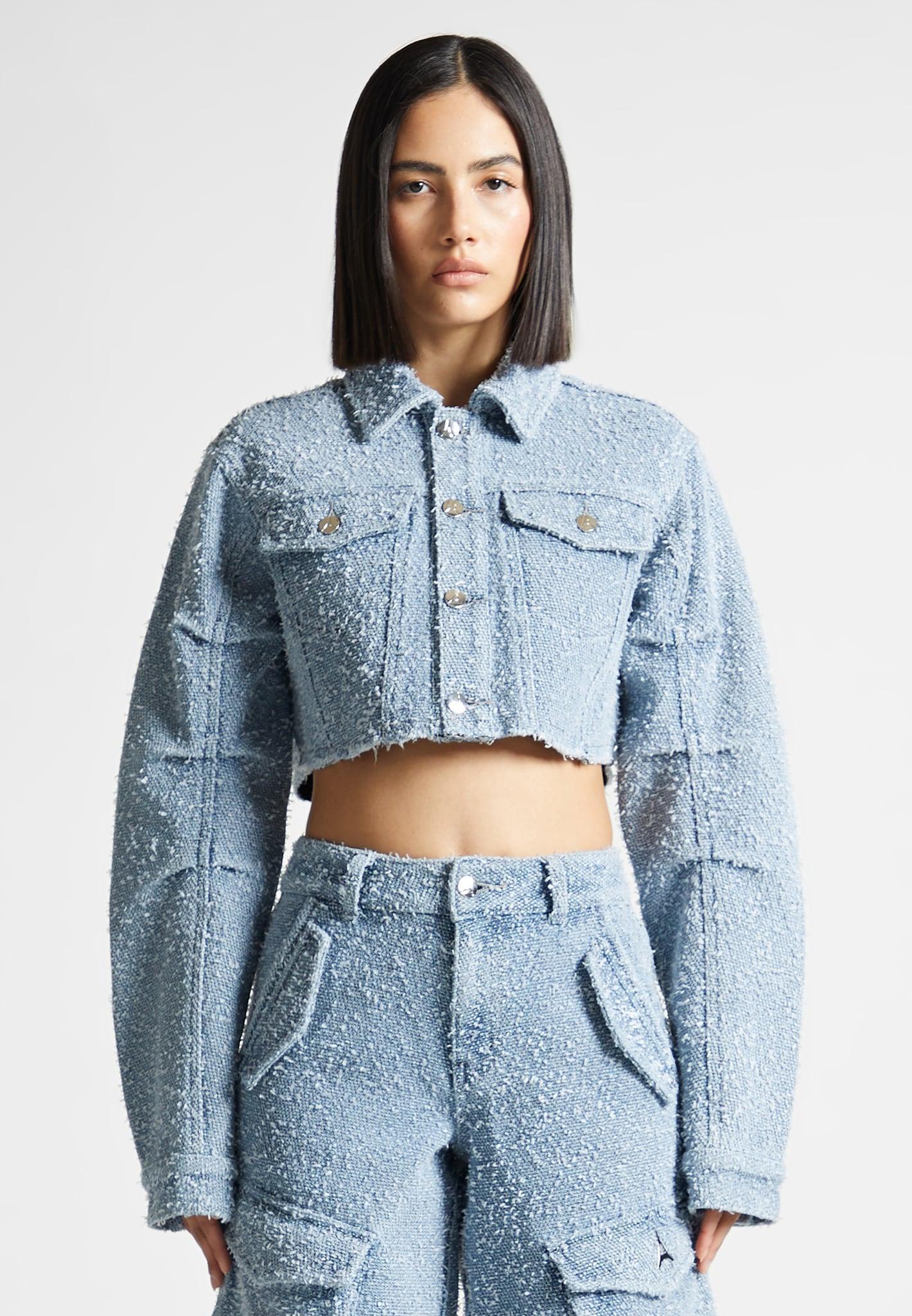 Cropped Boucle Denim Jacket - Mid Blue Female Product Image