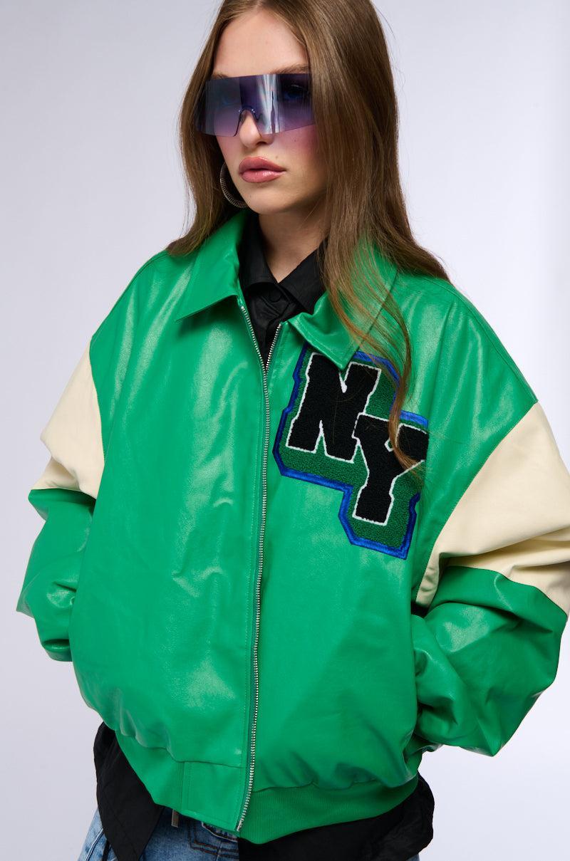 NUEVA YORK VARSITY PATCH FAUX LEATHER BOMBER JACKET Product Image