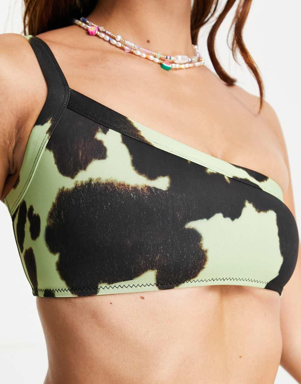 COLLUSION one shoulder cow print bikini top in multi Product Image