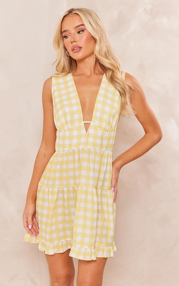 Lemon Gingham Print Sleeveless V Neck Tea Dress product image