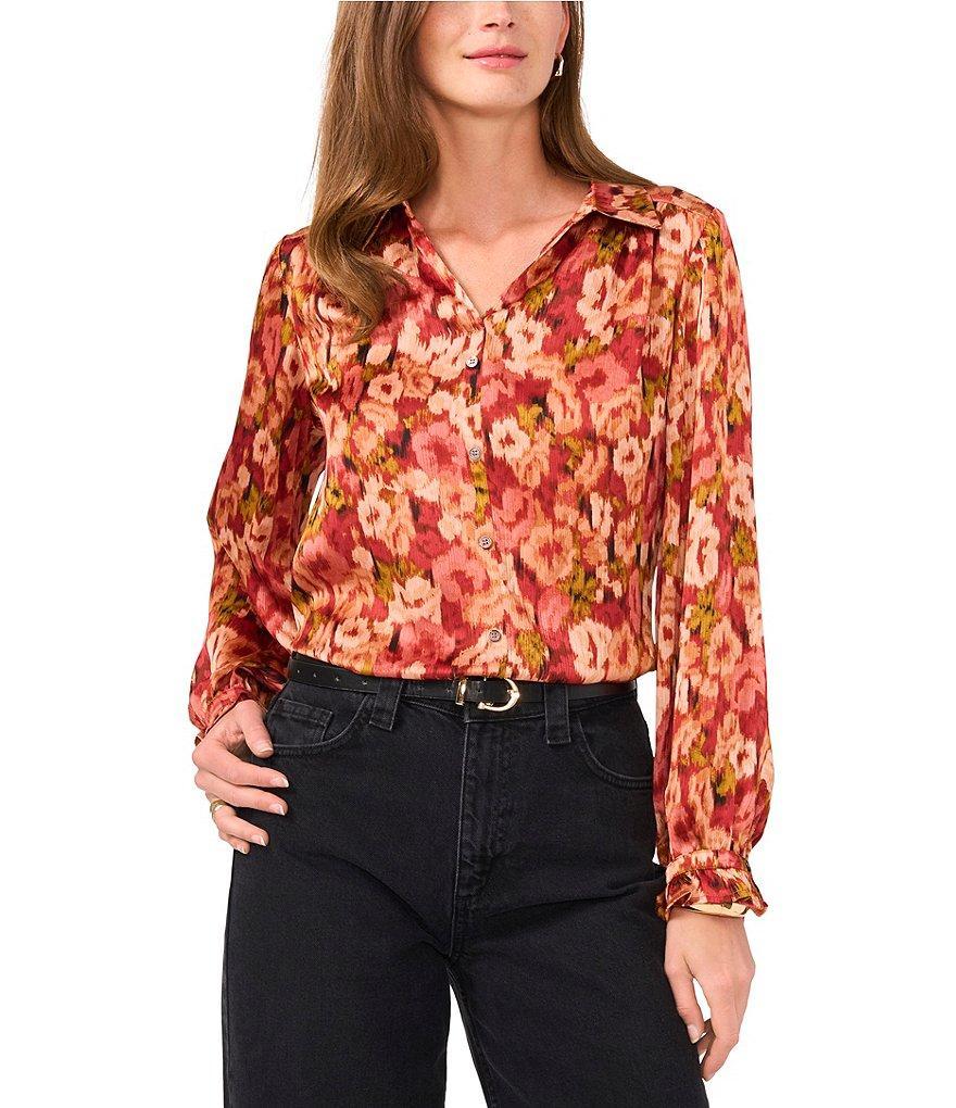 Vince Camuto Abstract Floral Woven Satin Yoryu Point Collar Long Blouson Sleeve Ruffle Cuff Back Yoke Shirttail Blouse Product Image