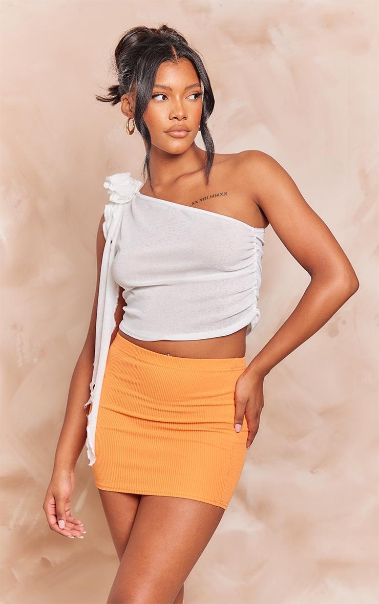 Bright Orange Crinkle Rib High Waist Basic Mini Skirt Product Image