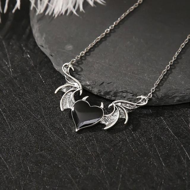 Heart Faux Crystal Bat Wing Pendant Alloy Necklace Product Image