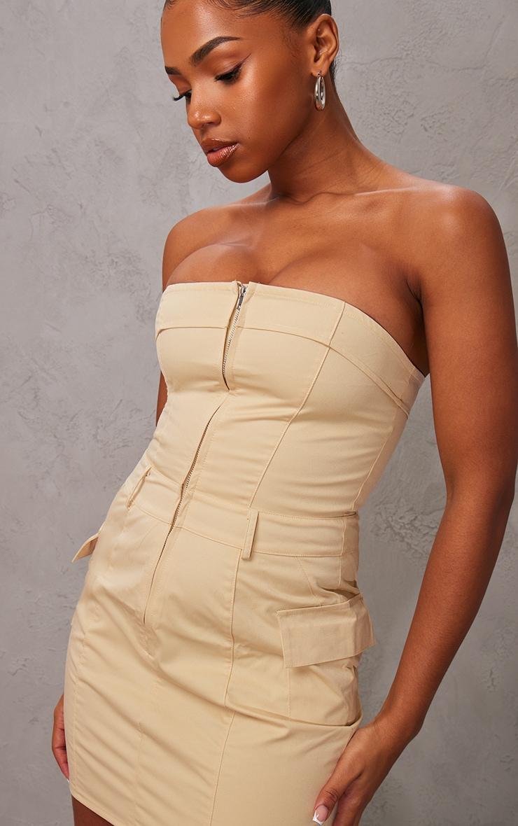 Camel Cargo Pocket Zip Up Bandeau Bodycon Dress Product Image