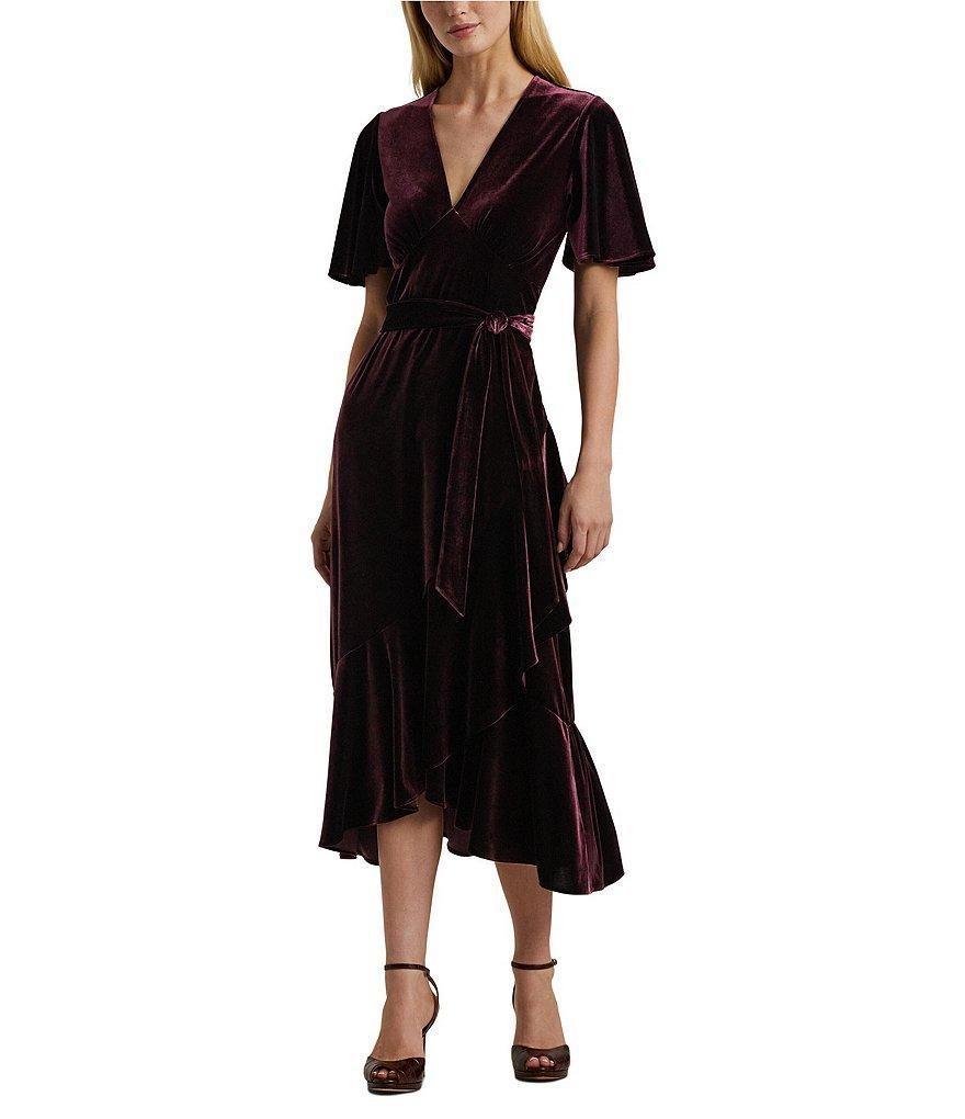 Lauren Ralph Lauren Zulianah Velvet V-Neck Short Flutter Sleeve Tie Waist Flounce Hem Midi Dress Product Image