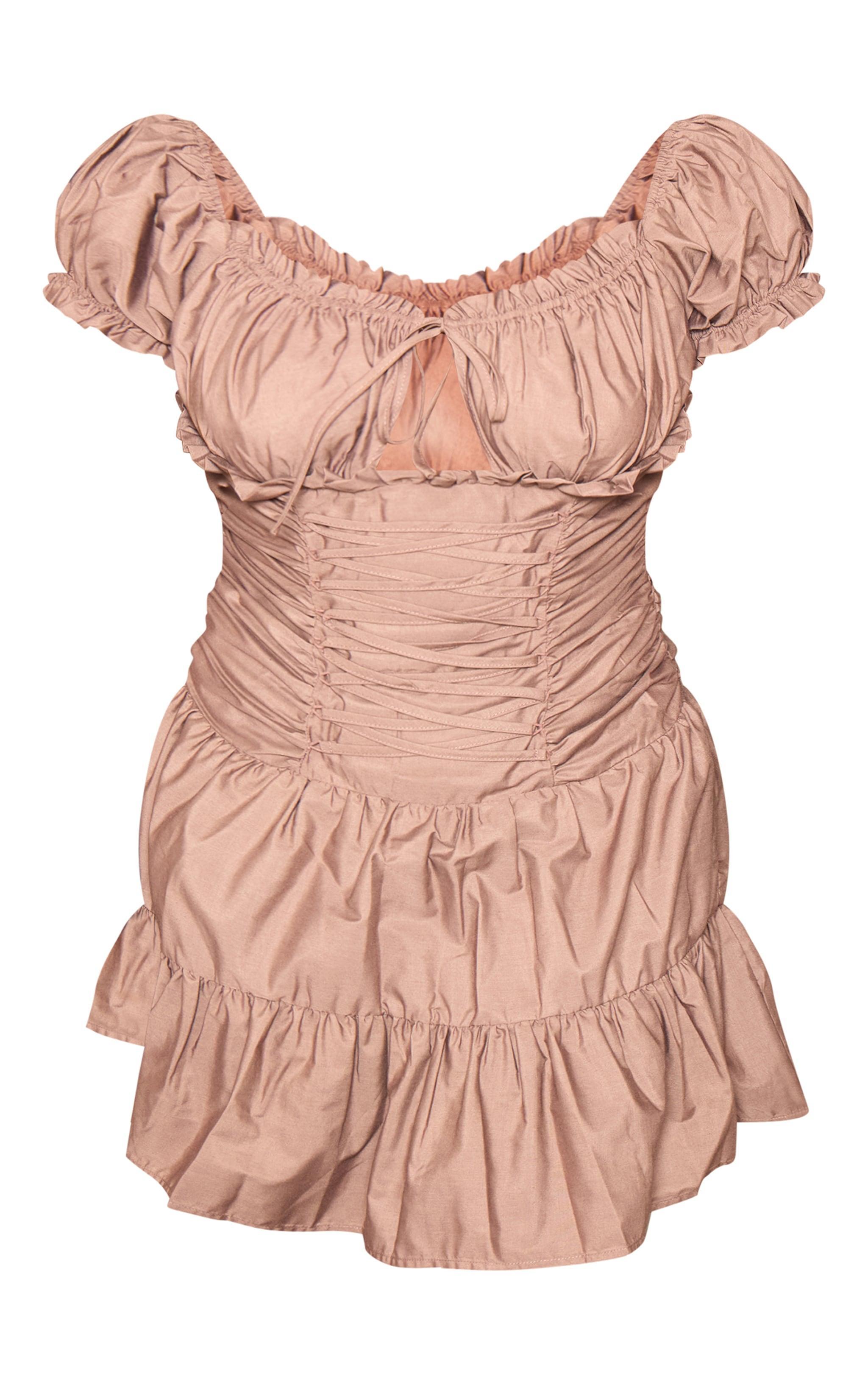 Plus Brown Lace Up Frilled Bardot Shift Dress Product Image