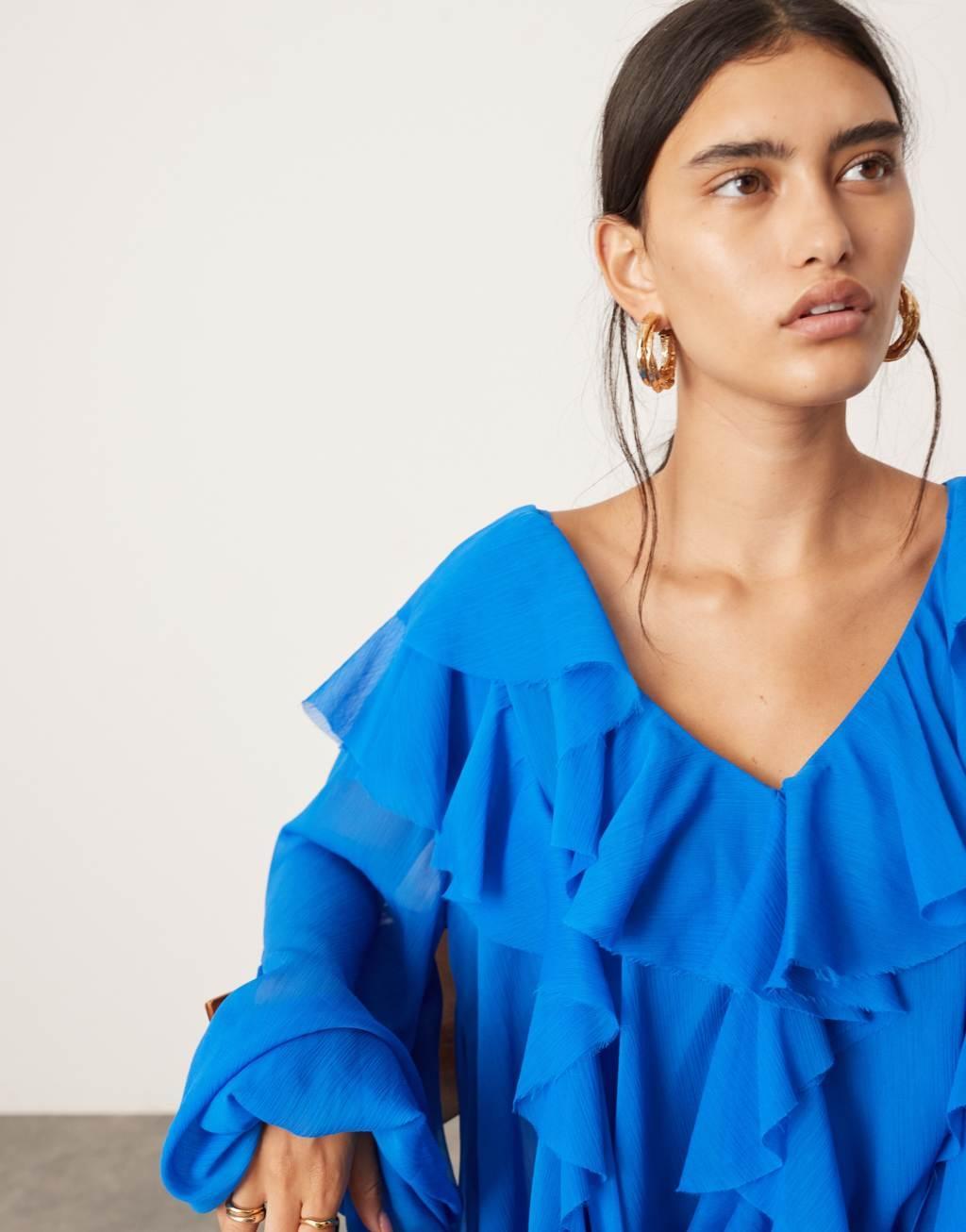 ASOS EDITION raw edge ruffle mini dress in cobalt blue Product Image