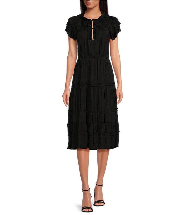 Sam Edelman Split Tie Crew Neck Short Ruffle Sleeve Tiered Midi Dress Product Image