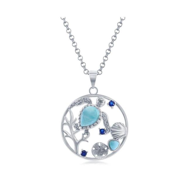 Sterling Silver Turtle, Seashell, Sand Dollar Larimar & Cz Round Necklace Product Image