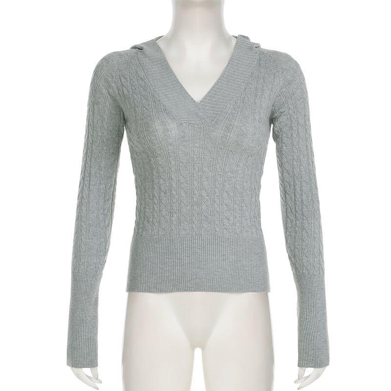 V-Neck Plain Hood Cable Knit Sweater Product Image