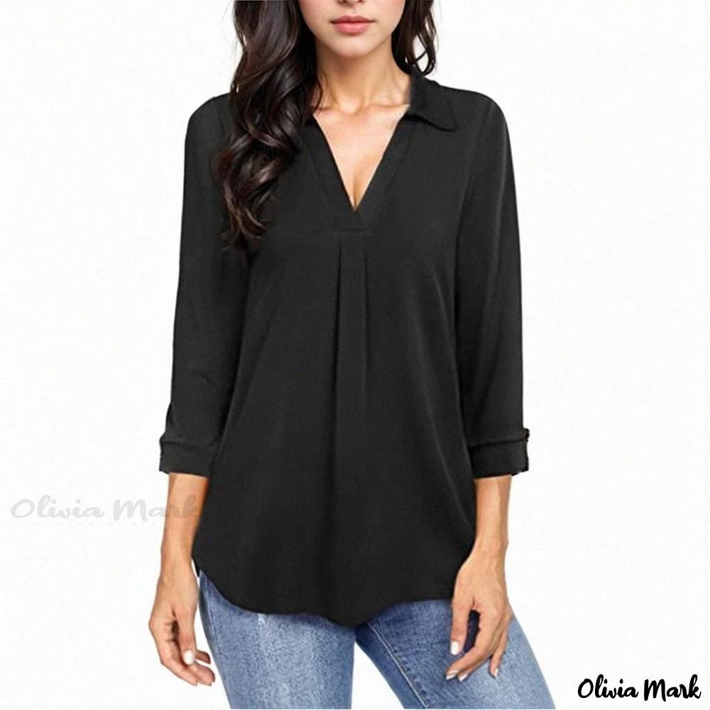 Olivia Mark –  Elegant Seven-Quarter Sleeves Chiffon Blouse with V-neck and Comfortable Loose Fit Product Image