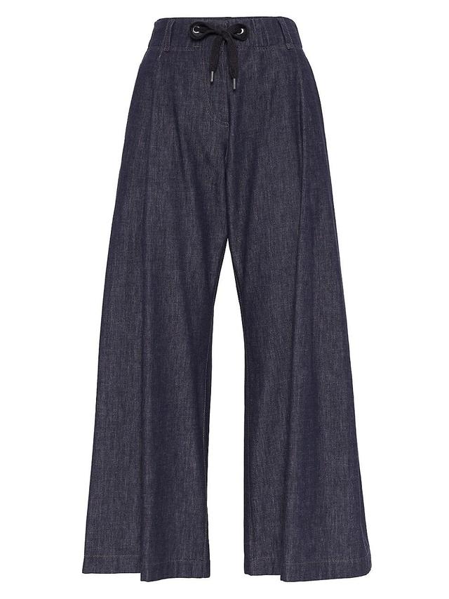 Womens No Fade Denim Wide Pleated Trousers with Shiny Tab Product Image