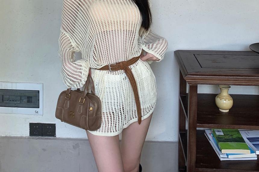 Long-Sleeve Off-Shoulder Plain Perforated Top Product Image