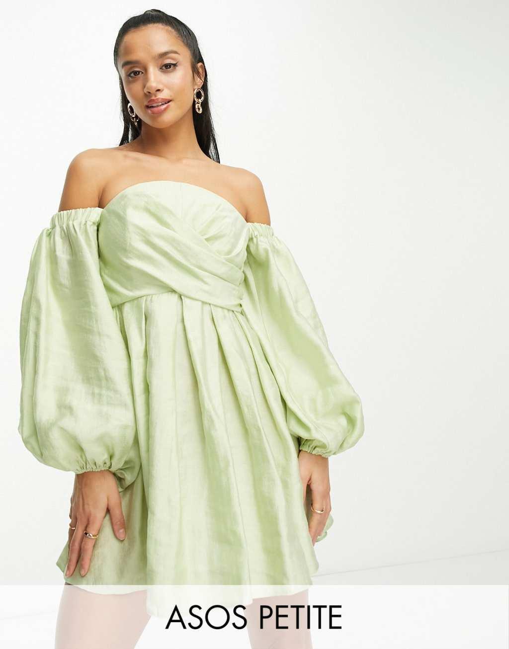 ASOS DESIGN Petite washed off shoulder balloon slv mini dress with wrap corset detail Product Image