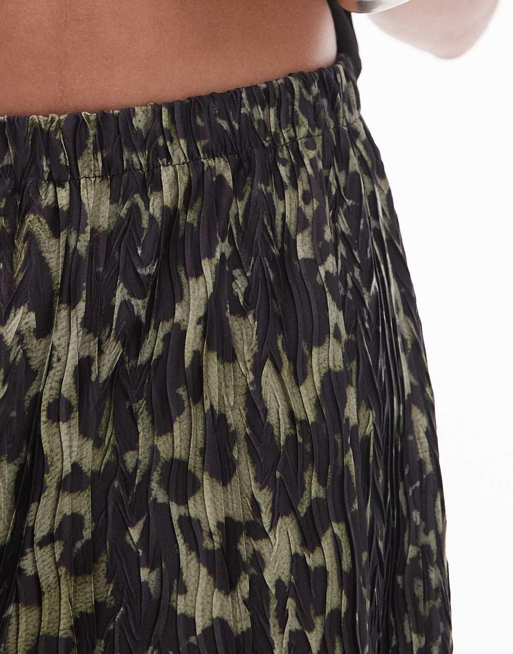 Topshop leopard plisse pants in khaki Product Image