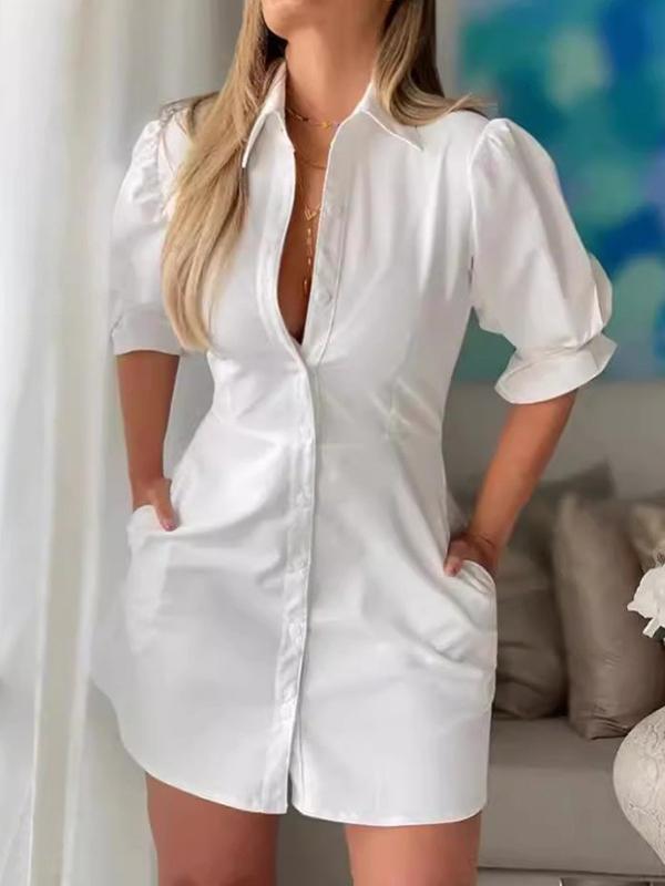 Puff Sleeves Short Sleeves Solid Color Split-Joint Lapel Mini Dresses Shirt Dress product image