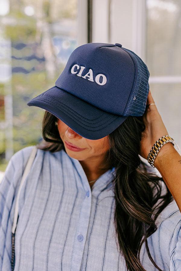 Ciao Embroidered Trucker Hat in Navy Product Image