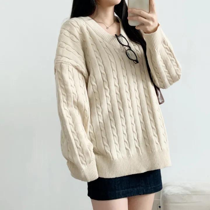 V-Neck Plain Cable-Knit Sweater Product Image