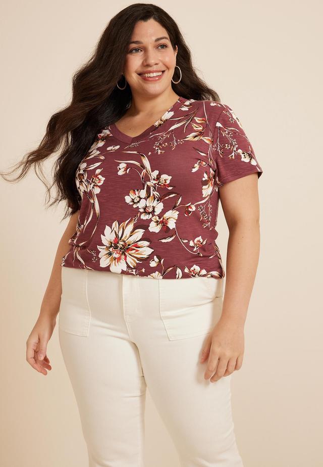 Maurices 4X Plus Size Womens 24/7 Floral Relaxed V Neck Tee Brown Product Image