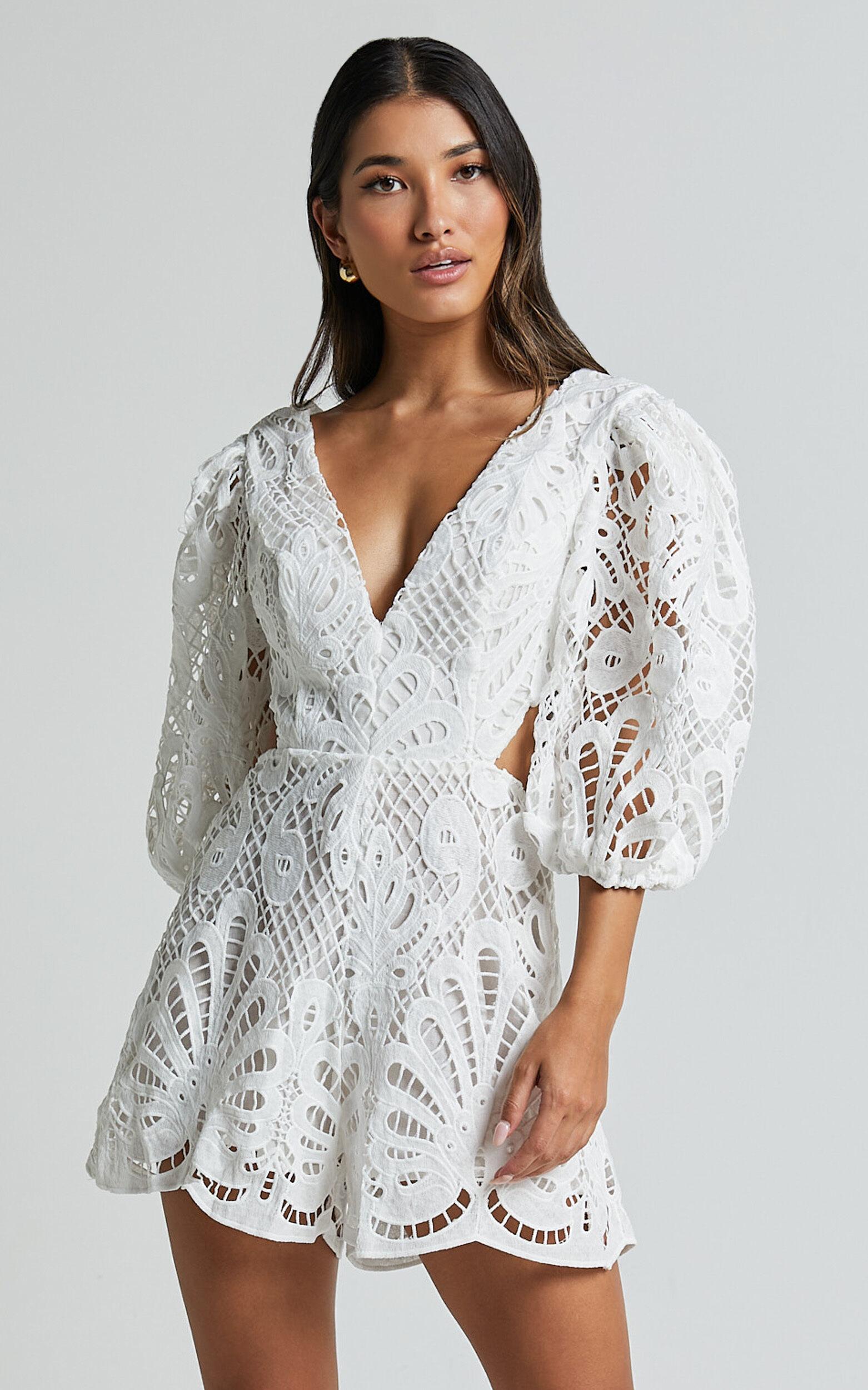 Channing Playsuit - Lace Short Puff Sleeve Playsuit in White Product Image