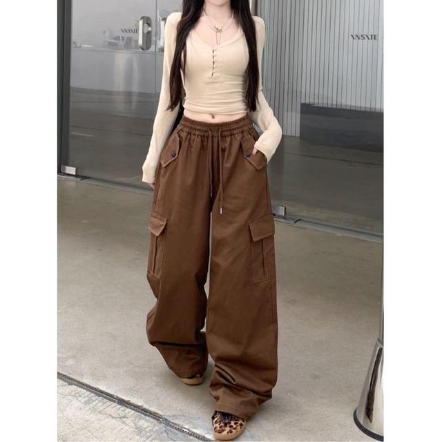 Drawstring Waist Plain Wide Leg Cargo Pants Product Image