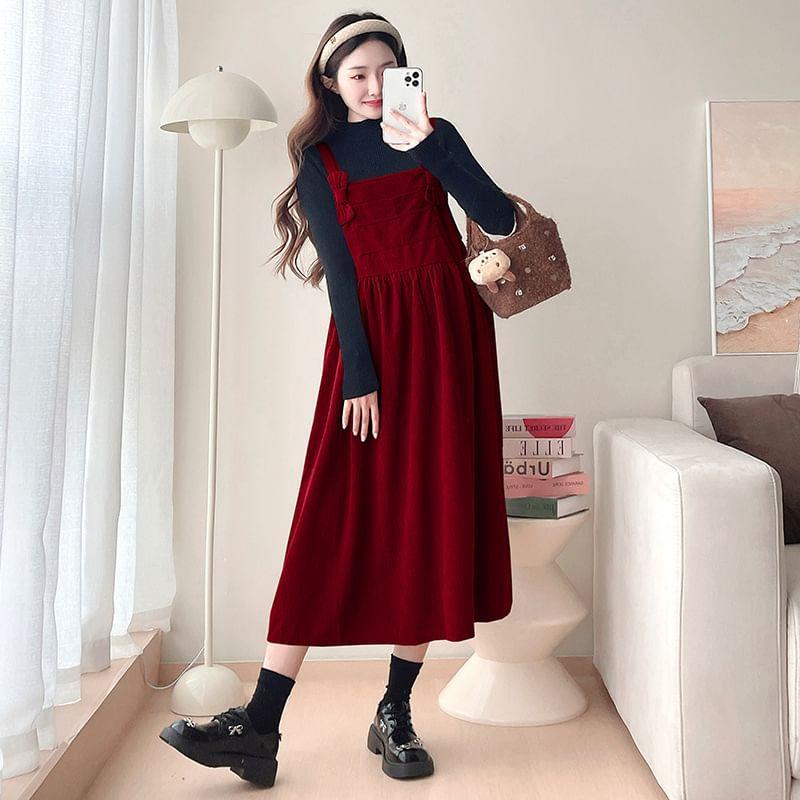 Maternity Long-Sleeve Mock Neck Plain Ribbed Knit Top / Bow Midi A-Line Jumper Dress / Set Product Image