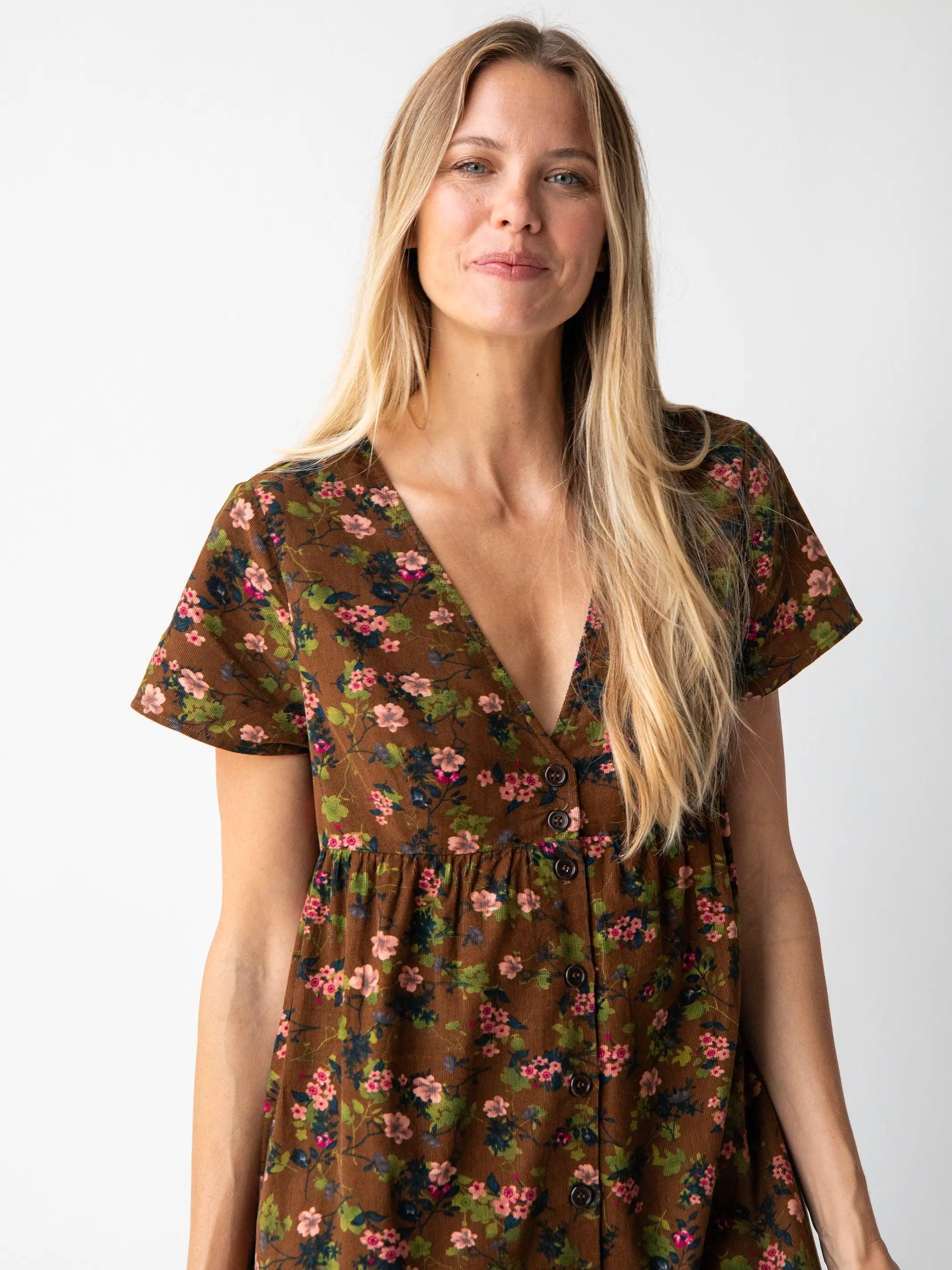 Avery Corduroy Midi Dress - Brown Green Bouquets Floral Product Image