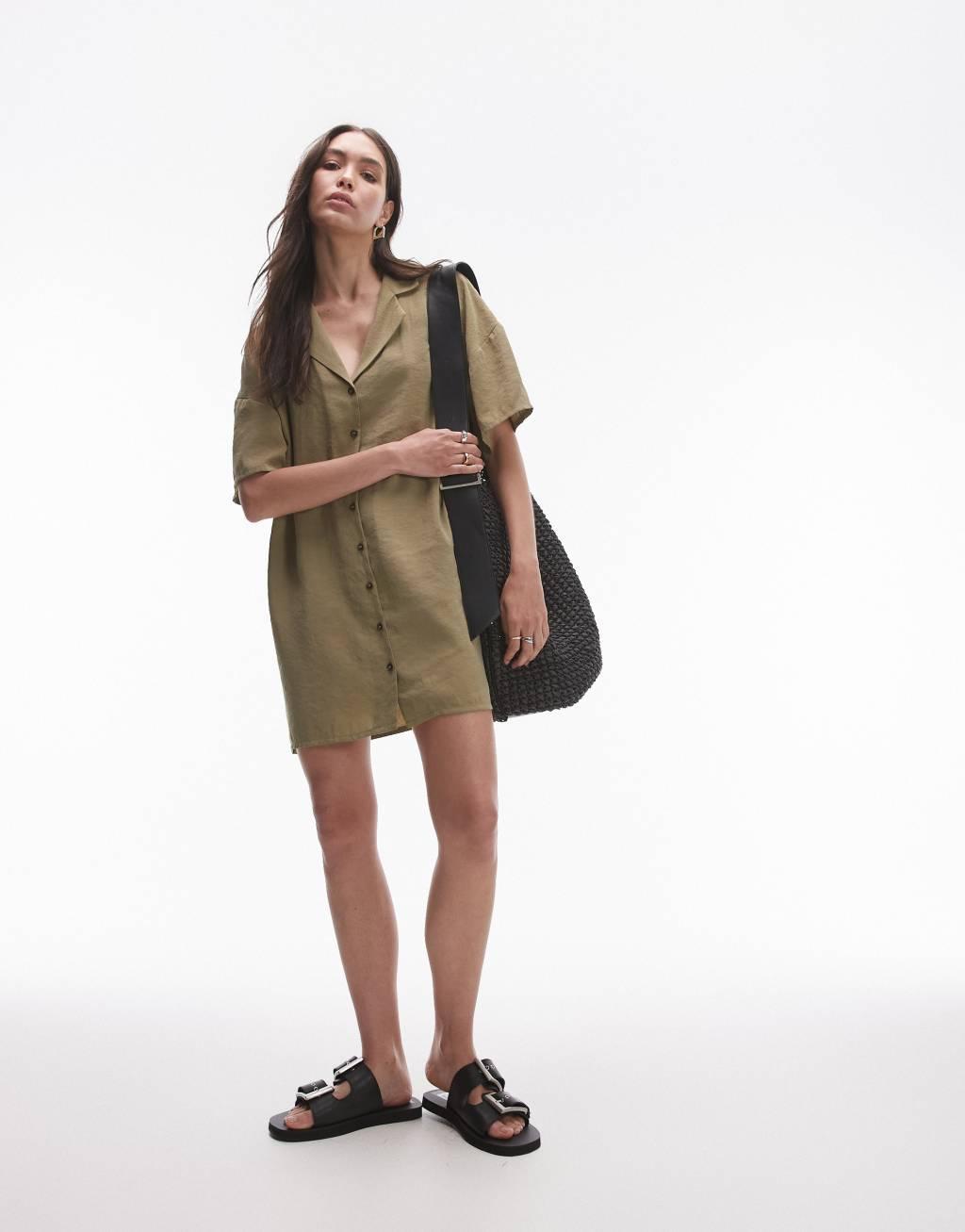 Topshop button down mini shirt dress in khaki Product Image