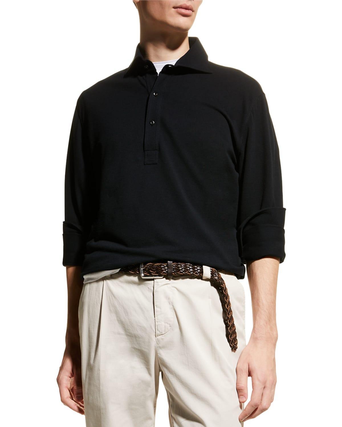 Brunello Cucinelli Men's Pique Button-Cuff Polo Shirt  - BLACK - Size: 56 EU (46 US) Product Image