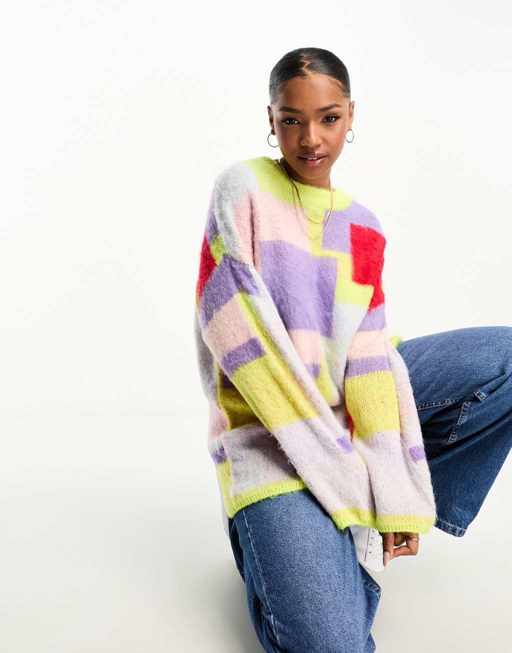 Monki oversized knitted sweater with jacquard color blocking Product Image