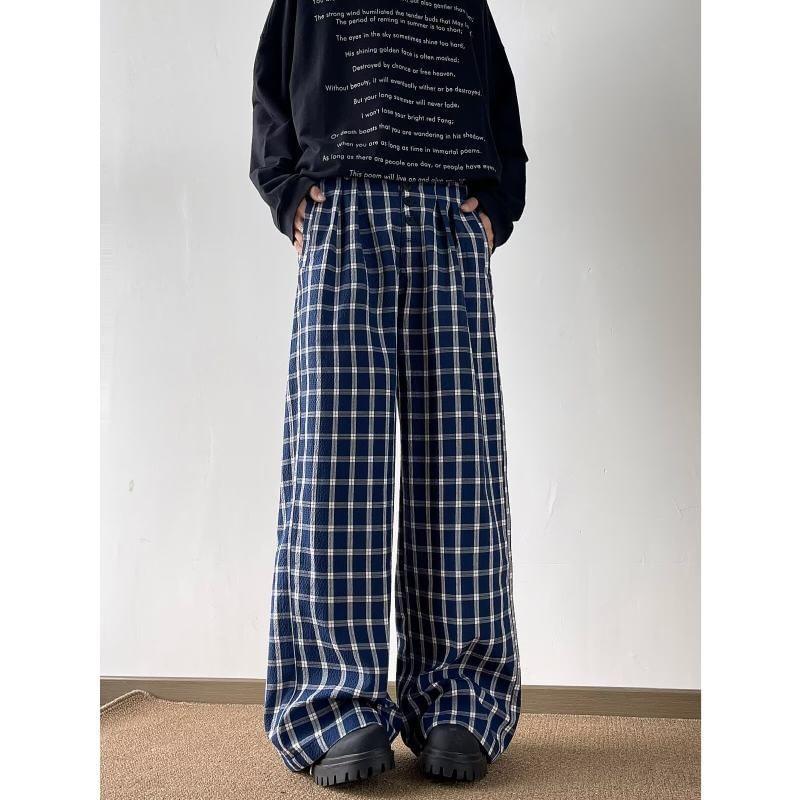 Mid Rise Plaid Wide Leg Pants Product Image