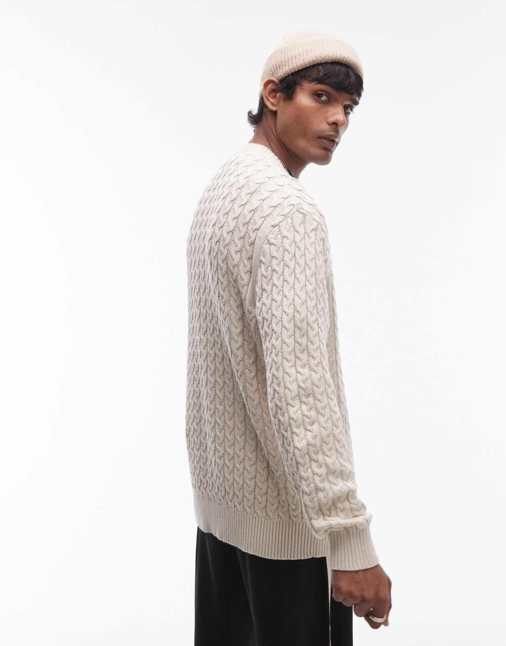 Selected Homme cable knit cardigan in cream Product Image