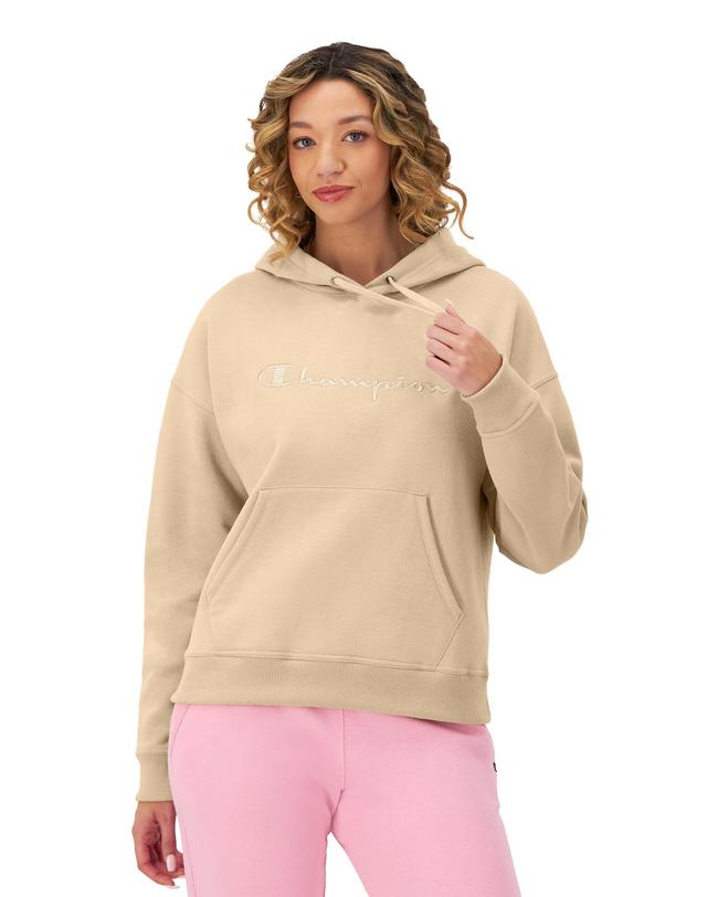 Womens Champion Powerblend Hoodie, Relaxed, Full Embroidered Script Logo Marzipan Pink L Product Image