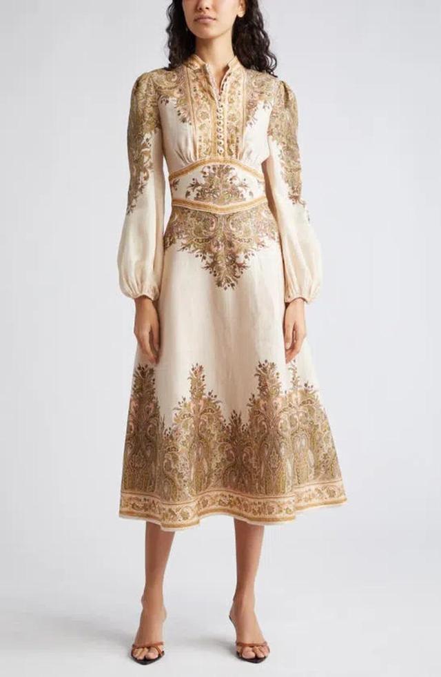 Natura Floral Paisley Long Sleeve Linen Midi Dress In Khaki Paisley Product Image