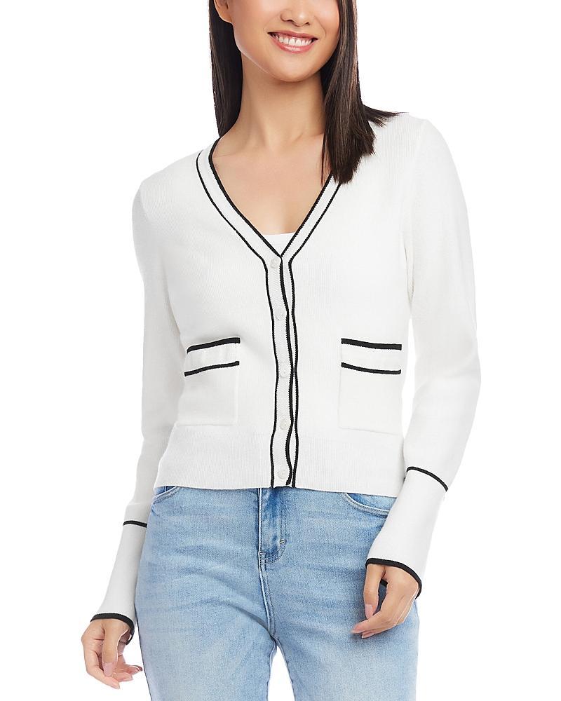 Karen Kane Rib Knit Contrast Trim V-Neck Long Sleeve Patch Pocket Button Product Image