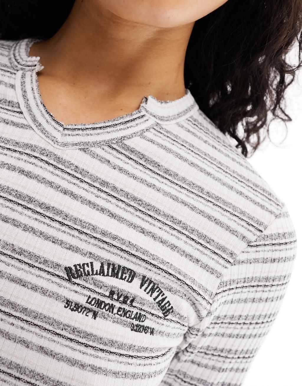 Reclaimed Vintage long sleeve shrunken tee with notch neck in stripe Product Image