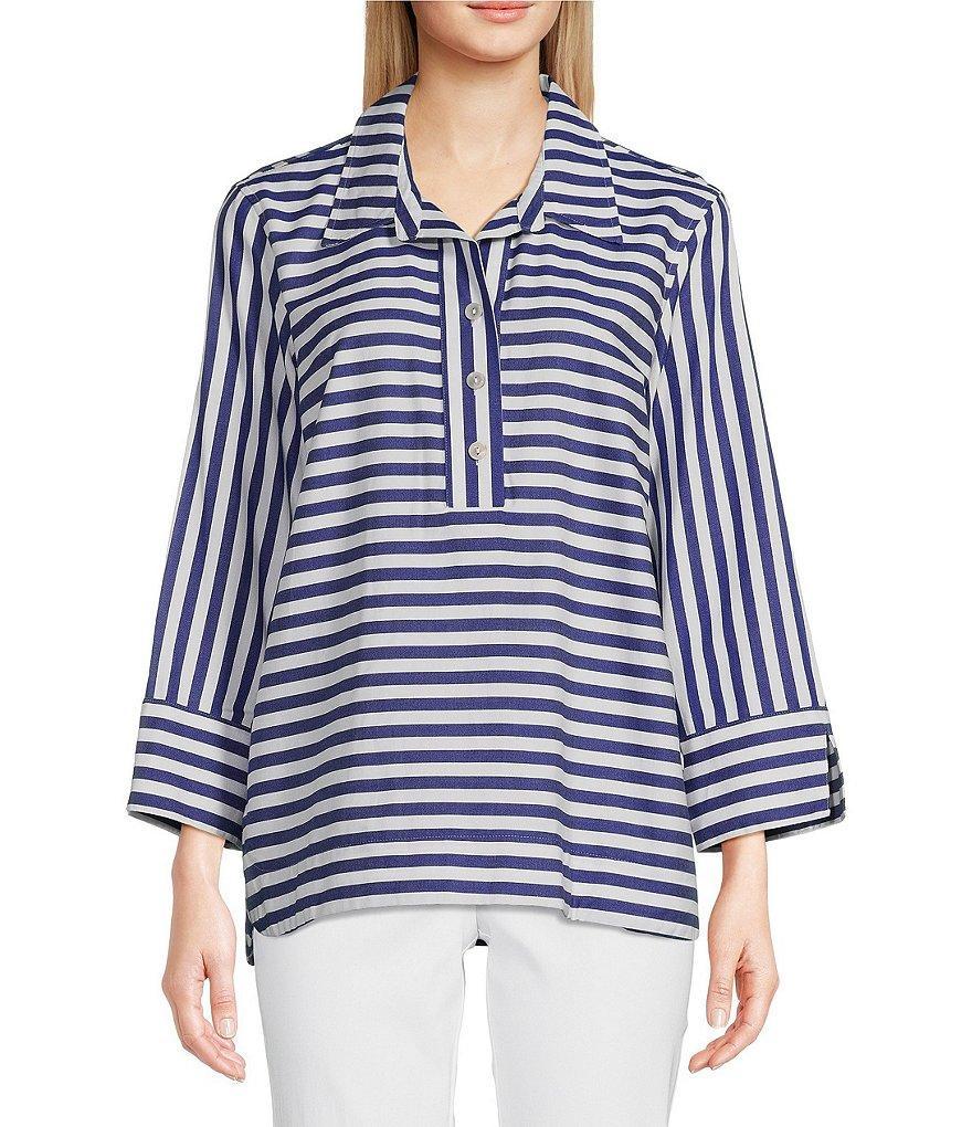 Ali Miles Petite Size Yarn-Dye Woven Stripe Pont Collar 3/4 Sleeve High-Low Hem Pop Over Tunic Product Image