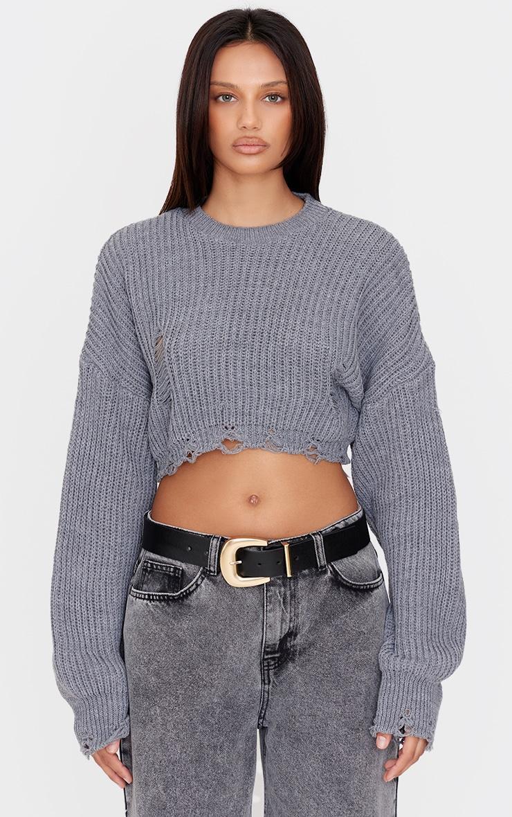 Charcoal Chunky Knit Distressed Hem Crop Sweater Product Image