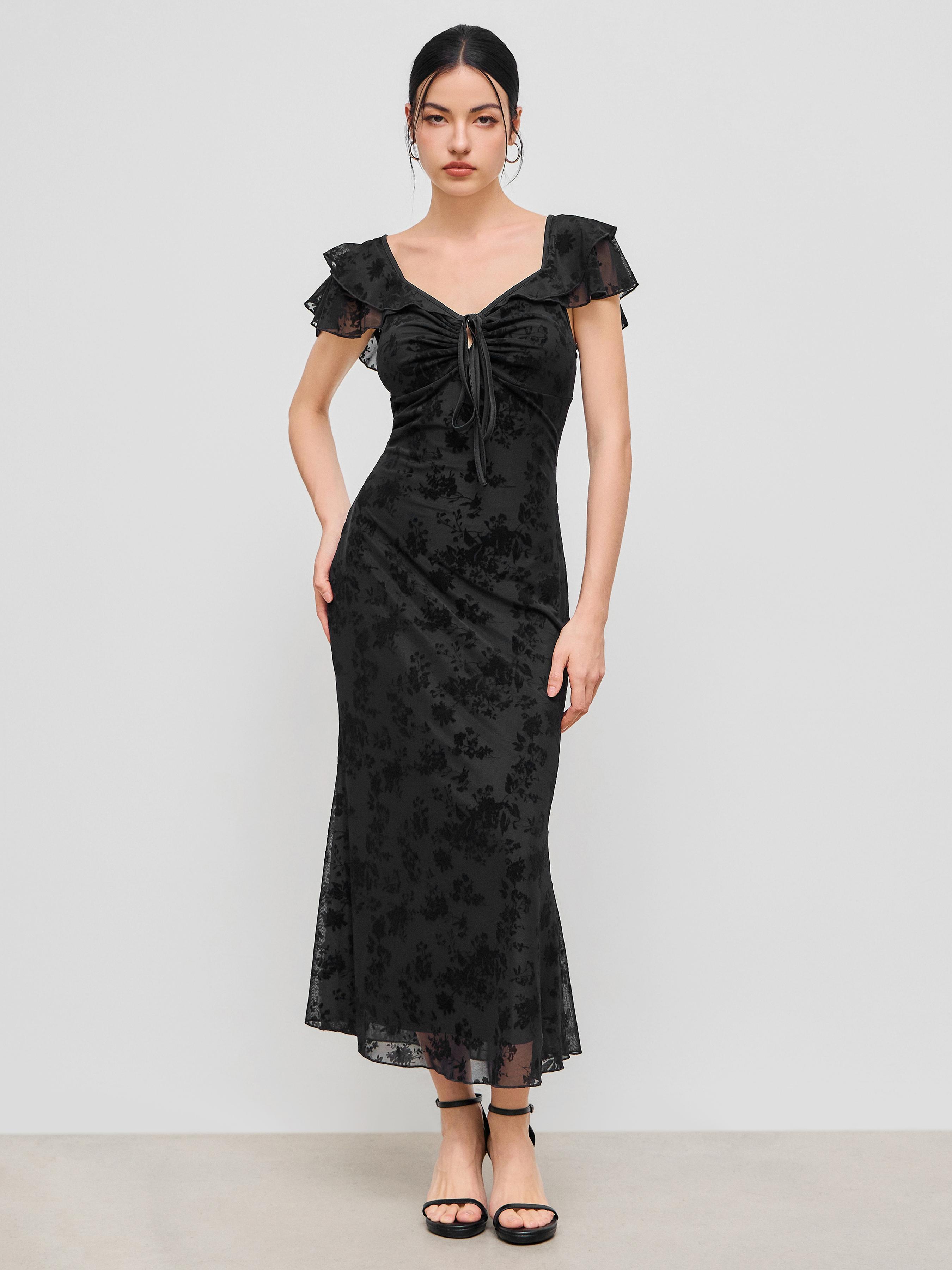 Mesh Sweetheart Neckline Floral Ruffle Knotted Maxi Dress Product Image