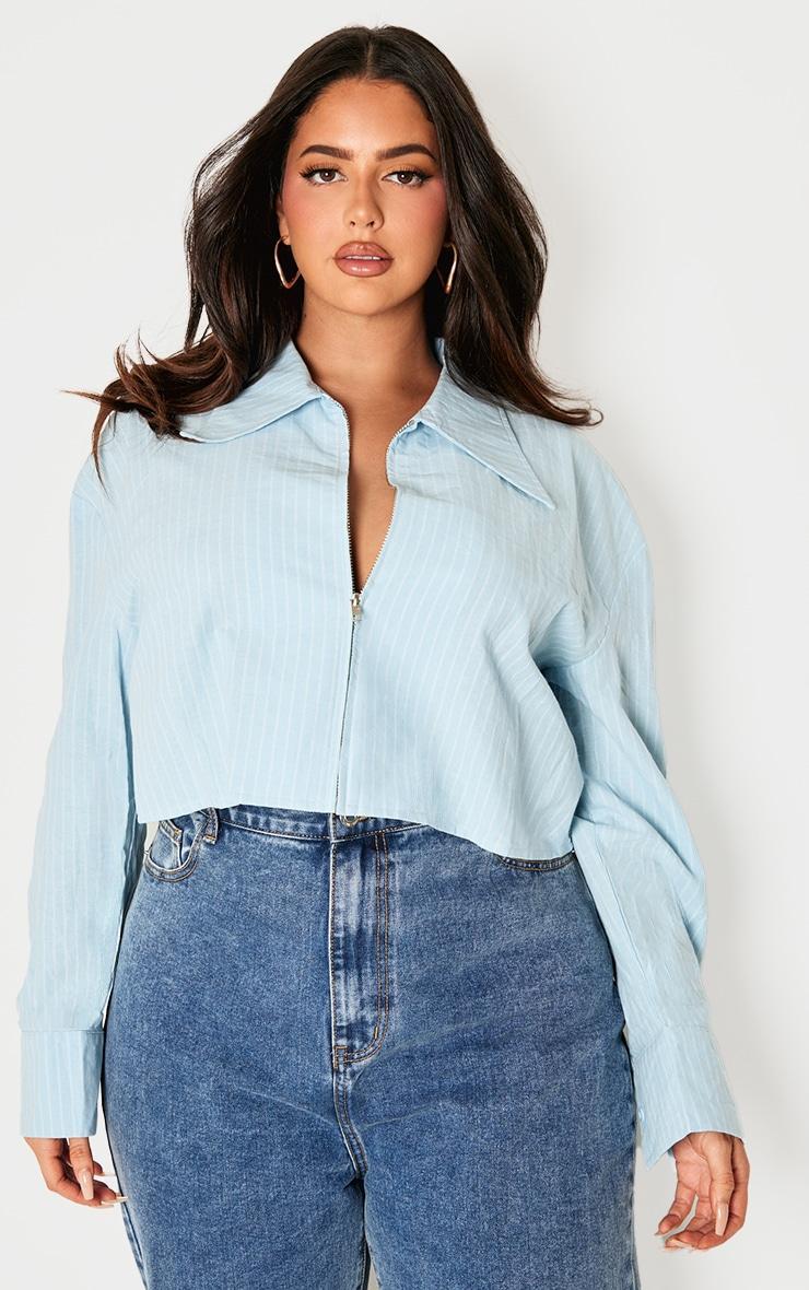 Plus Blue Striped Zip Up Cropped Shirt product image