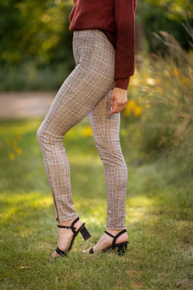 Brown and White Plaid Pull On Pants Product Image