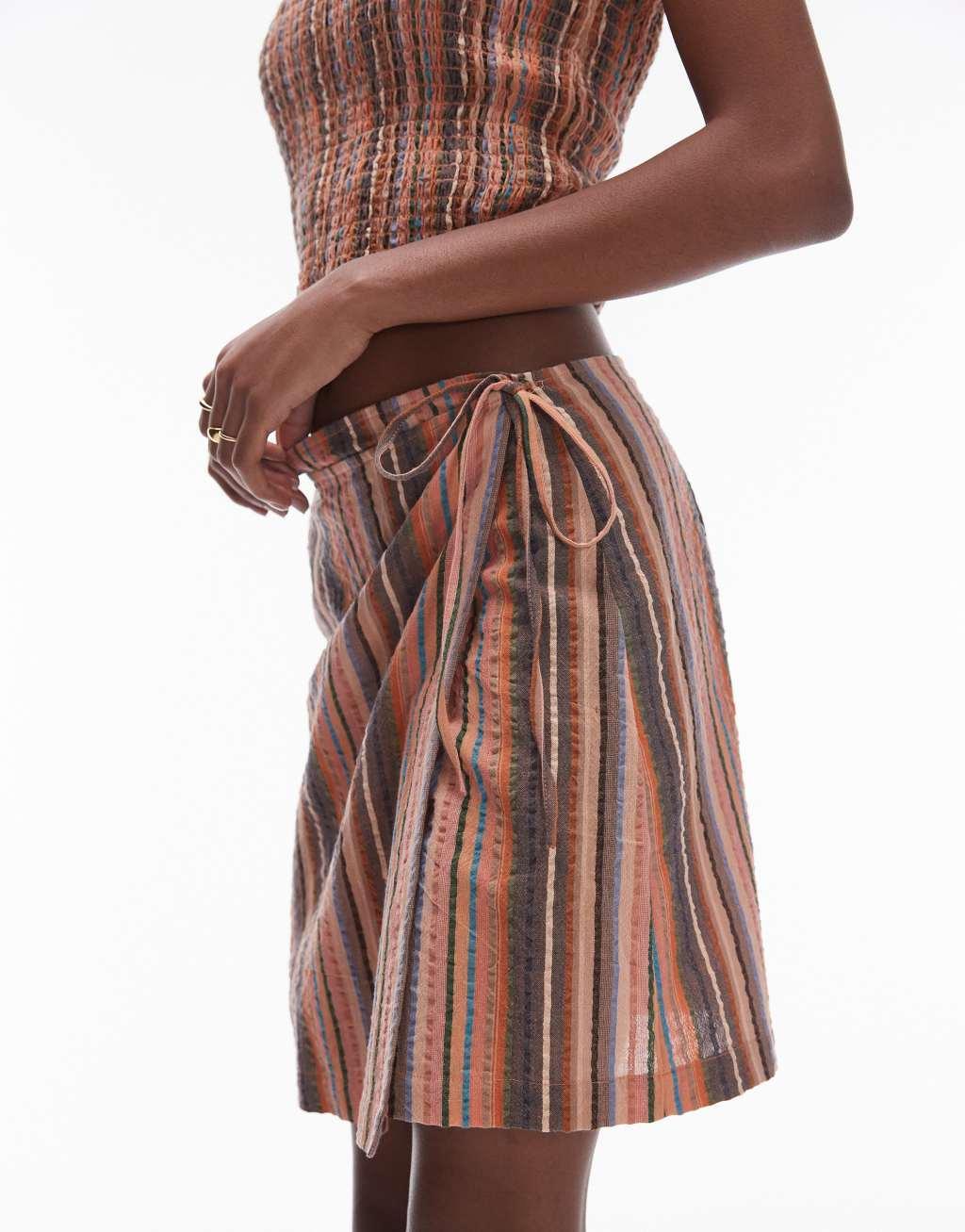 Topshop textured wrap beach skirt in brown stripe Product Image