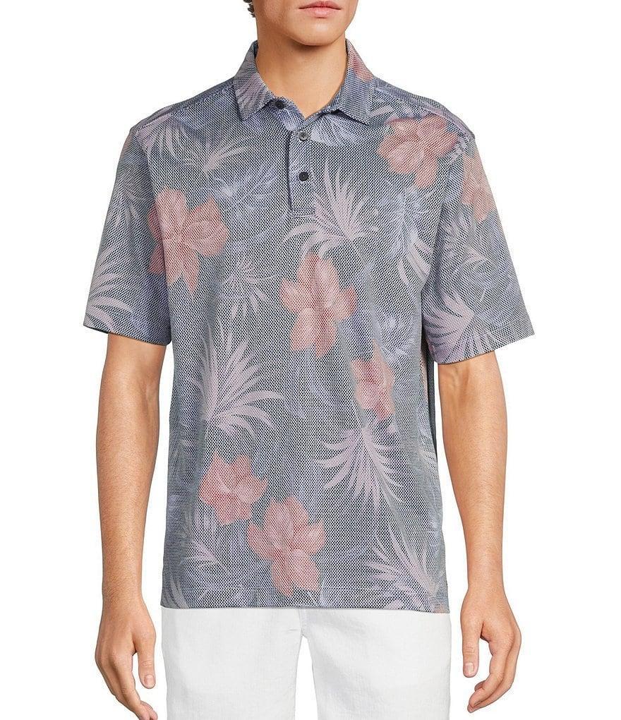 Caribbean Retro Palm Floral Jacquard Short Sleeve Polo Shirt Product Image