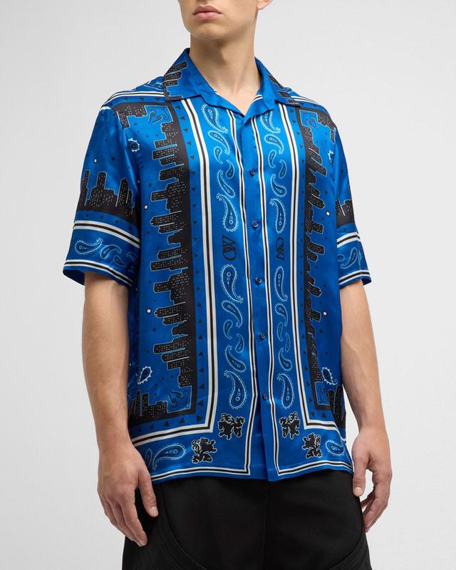 Off-White Bandana Short Sleeve Satin Button-Up Bowling Shirt Product Image