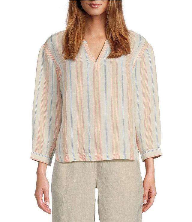 L.L.Bean Linen Striped Split Round Neck Long Sleeve Blouse Product Image