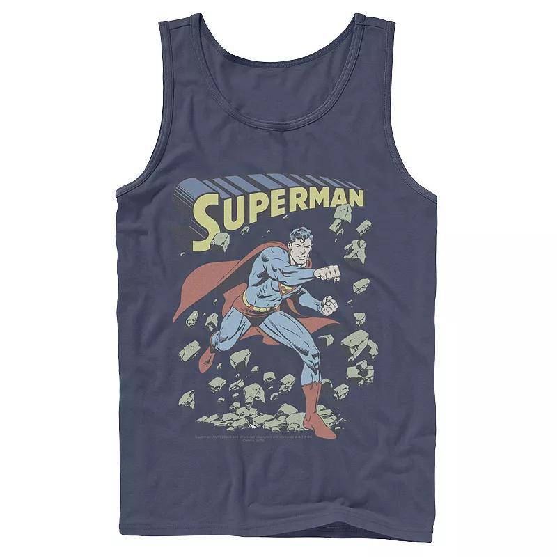 Mens DC Comics Superman With Rocks Vintage Poster Tank Top Grey Product Image