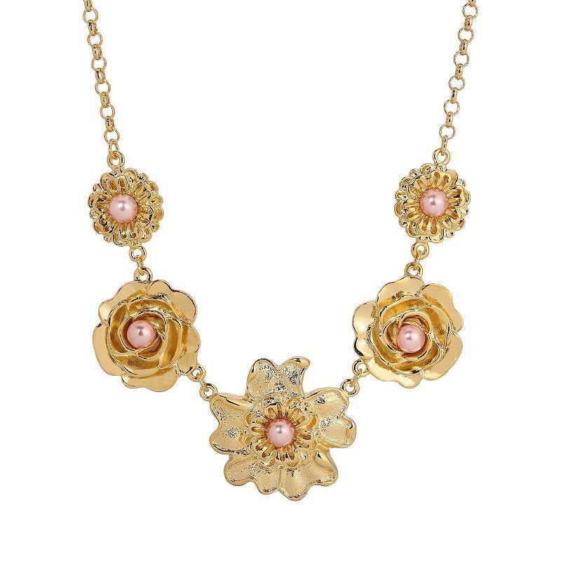 1928 Gold Tone Pink & Faux Pearl Flower Collar Necklace, Womens Product Image