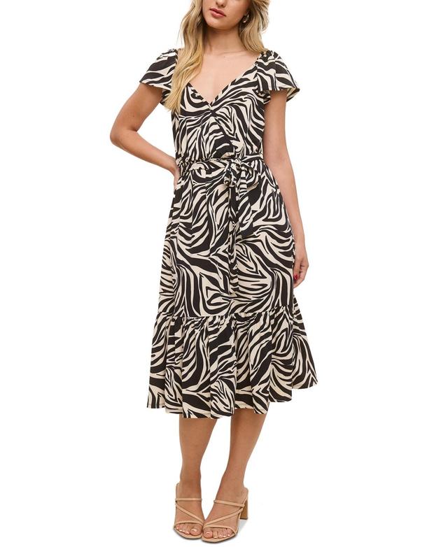 John Paul Richard Womens Petite Printed Flutter-Sleeve V-Neck Dress - Oatmeal Product Image