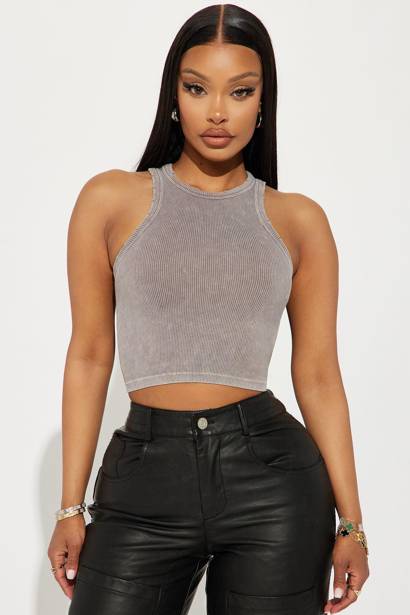 Whitney Washed Ribbed Top - Grey Product Image