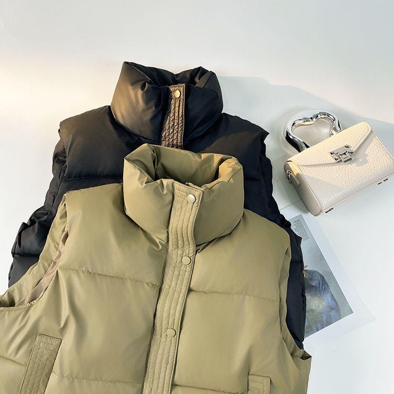 High Neck Plain Zip-Up Puffer Vest Product Image